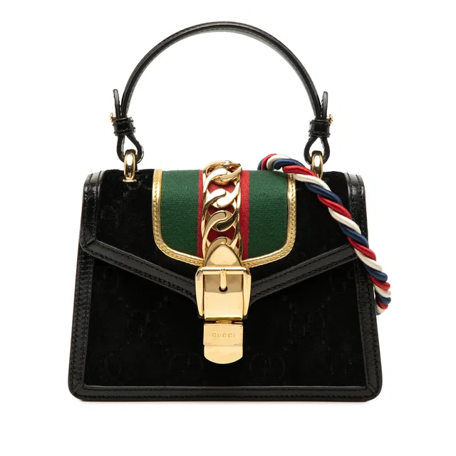 Black Gucci Mini GG Velvet Web Sylvie Top Handle Bag Satchel in Black Velvet from Designer Revival