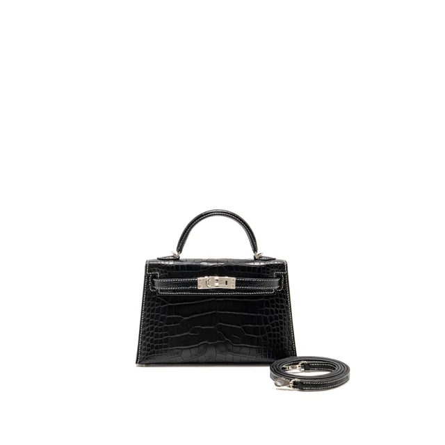 Hermès Mini Kelly II special order alligator mississippiensis matt black / gris perle white stitching… in Black Crocodile from EMIER