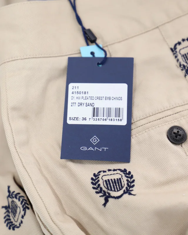 Gant High-Waisted Crest Embroidery Pleated Chinos in Beige Print Cotton in Beige, photo 3 of 6 from ShopSimon