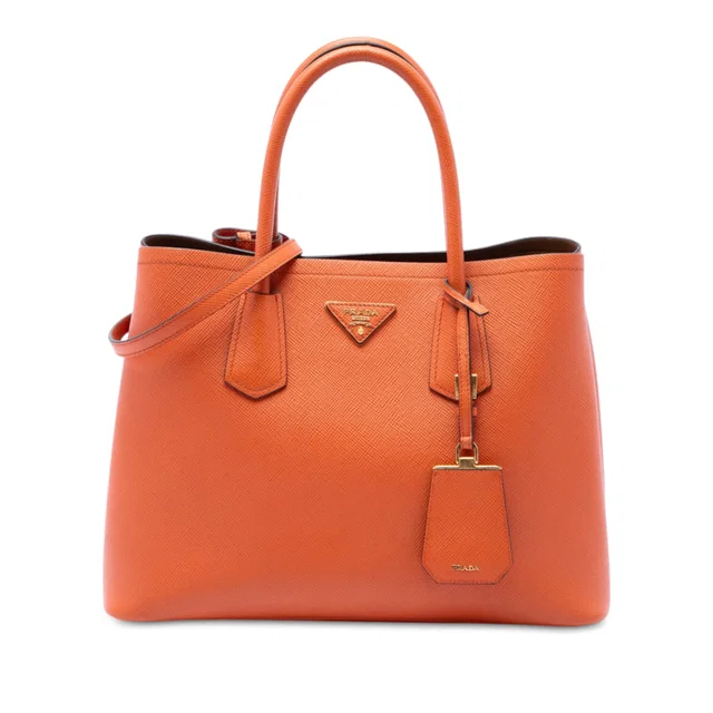 Orange Prada Medium Saffiano Cuir Double Handle Satchel in Orange Saffiano leather from Designer Revival