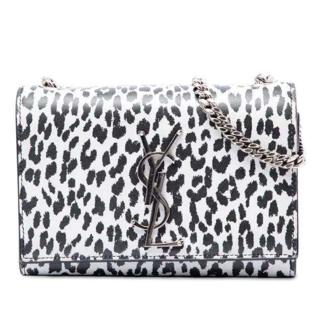 White Saint Laurent Small Calfskin Leopard Print Monogram Kate Crossbody in White Calfskin from Designer Revival