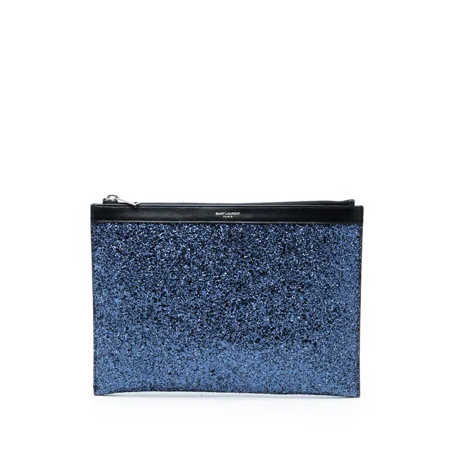 Black Saint Laurent Glittered Leather Zipped Tablet Pouch Clutch Bag in Black Leather from Designer Revival