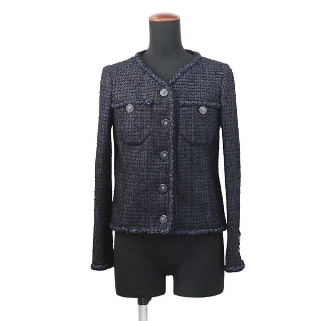 Chanel Lion Button Collarless Jacket Size 34 NavyP72421 Tweed in Tweed from GALLERY RARE