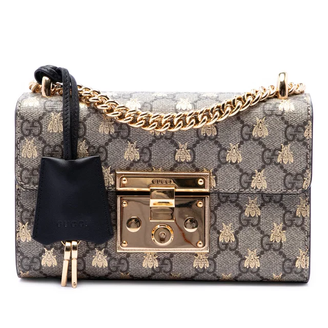 Black Gucci Small GG Supreme Bee Padlock Crossbody in Black Coated canvas from Designer Revival