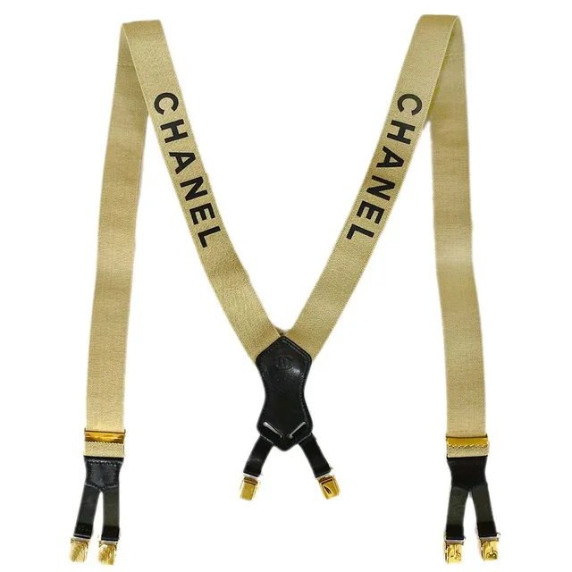 Chanel Logo Suspenders Beige in Beige Canvas from AMORE Vintage Tokyo