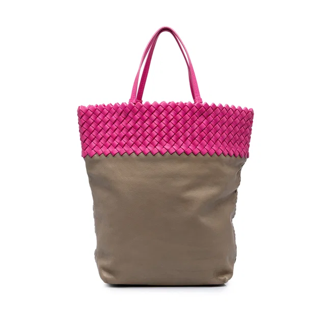 Pink Bottega Veneta Intrecciato Trimmed Bicolor Nappa Tote in Pink Nappa leather from Designer Revival