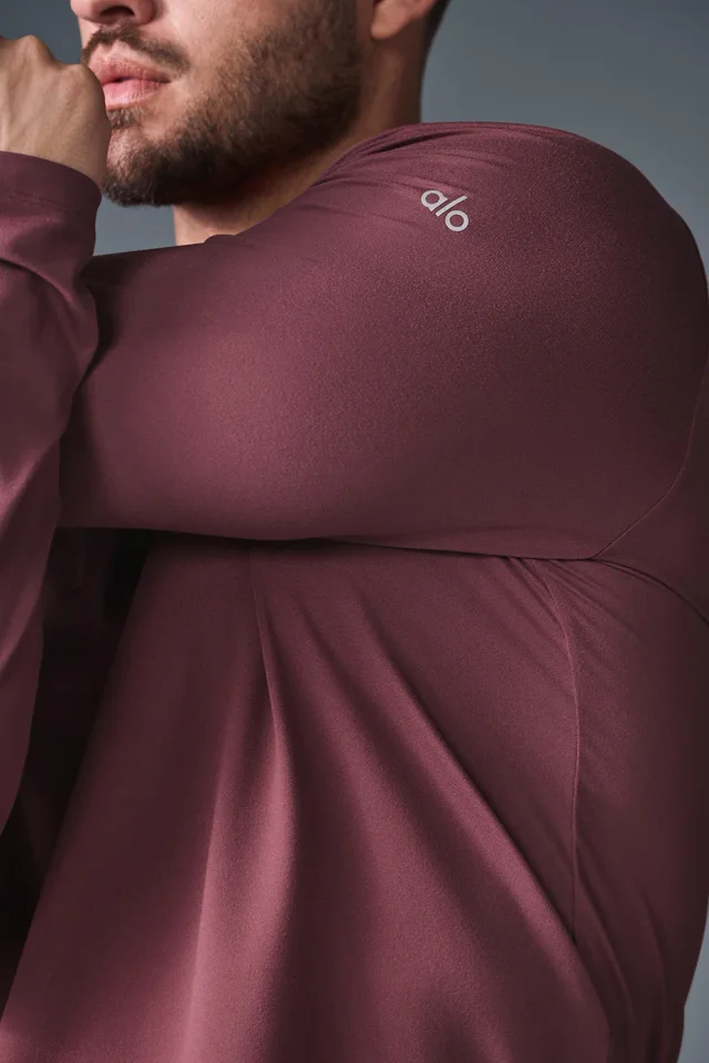 Alo Yoga Conquer Reform Long Sleeve With Hood - Burgundy Truffle in Burgundy Truffle, photo 3 of 4 from Alo Yoga