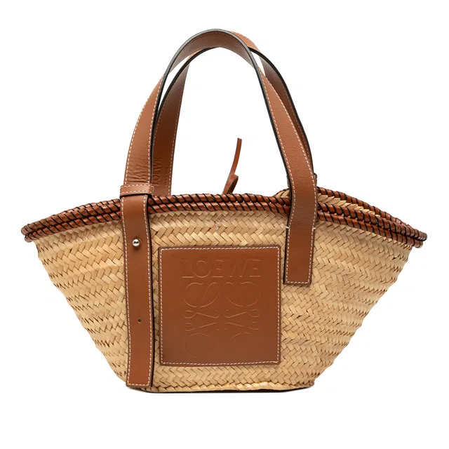 Beige LOEWE Small Raffia Anagram Basket Tote in Beige Raffia from Designer Revival