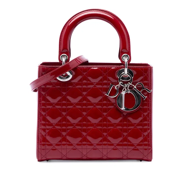 Red Dior Medium Patent Cannage Lady Dior Satchel in Red Patent leather from Designer Revival