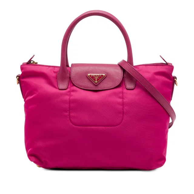 Pink Prada Saffiano Trimmed Tessuto Satchel in Pink Saffiano leather from Designer Revival
