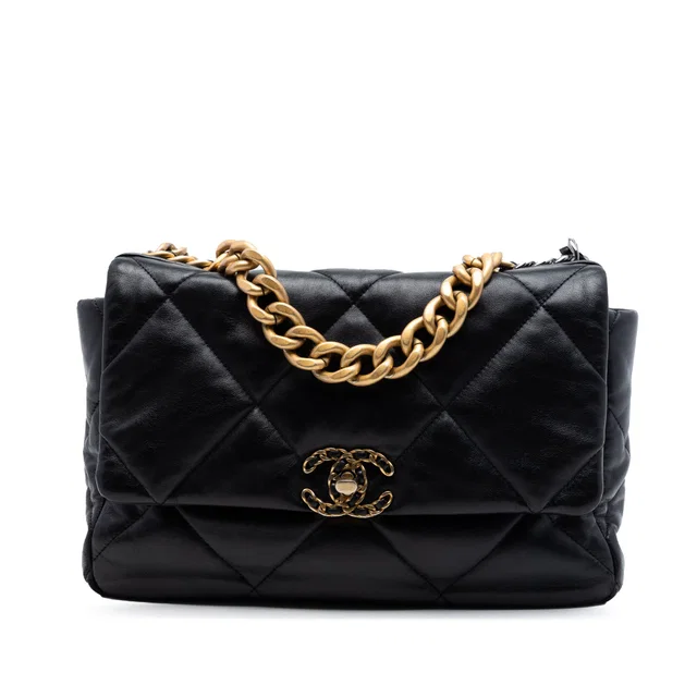 Black Chanel Large Lambskin 19 Flap Satchel in Black Lambskin from Designer Revival