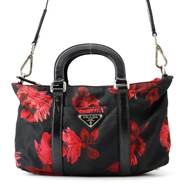 Prada Flower motif 2-way tote bag Black/Red Nylon Leather in Black Nylon from GALLERY RARE