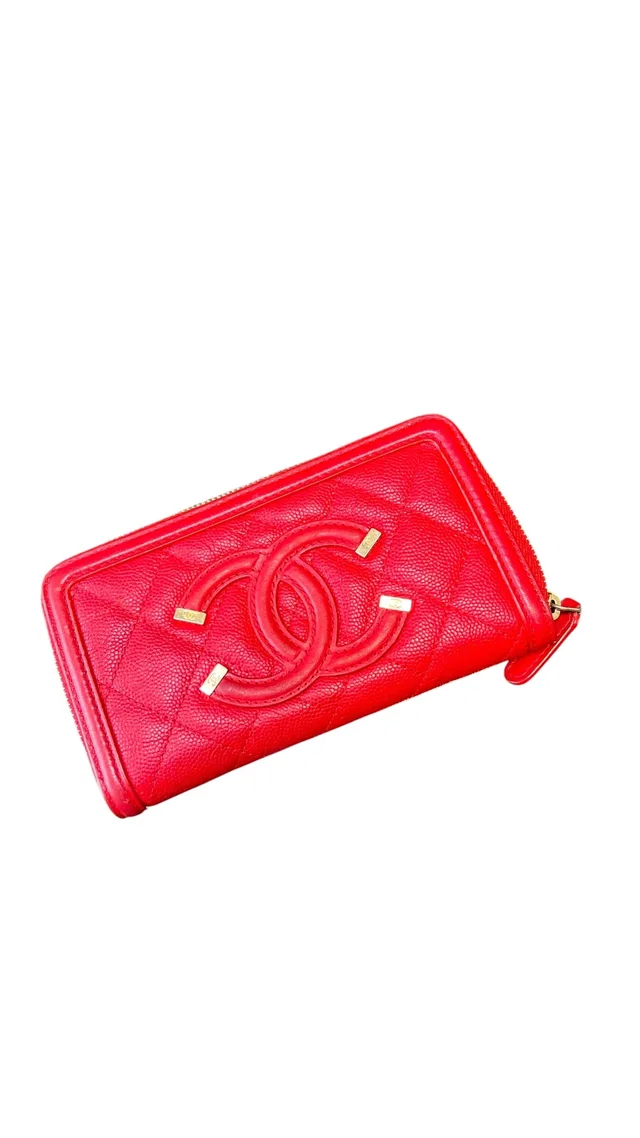 Chanel Filigree Wallet Red Caviar Matte GHW #25 in Red Caviar leather from Luxury Promise