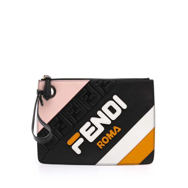 Black Fendi Fila Mania Multicolor Zucca Embossed Leather Clutch in Black Leather from Designer Revival