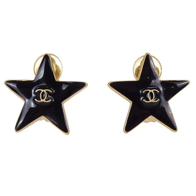 Chanel Star Clip-On Earrings Black Gold 03A in Black from AMORE Vintage Tokyo
