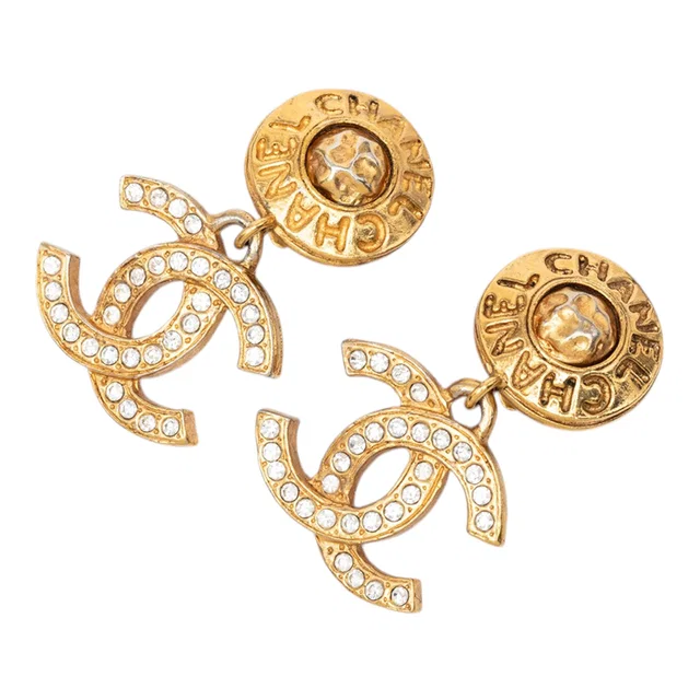 Gold Chanel Gold Plated CC Strass Drop Clip On Earrings in Gold from Designer Revival