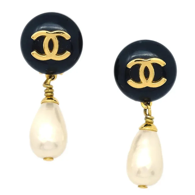 Chanel 1996 CC Black & Faux Teardrop Pearl Dangle Earrings in Black Resin from AMORE Vintage Tokyo
