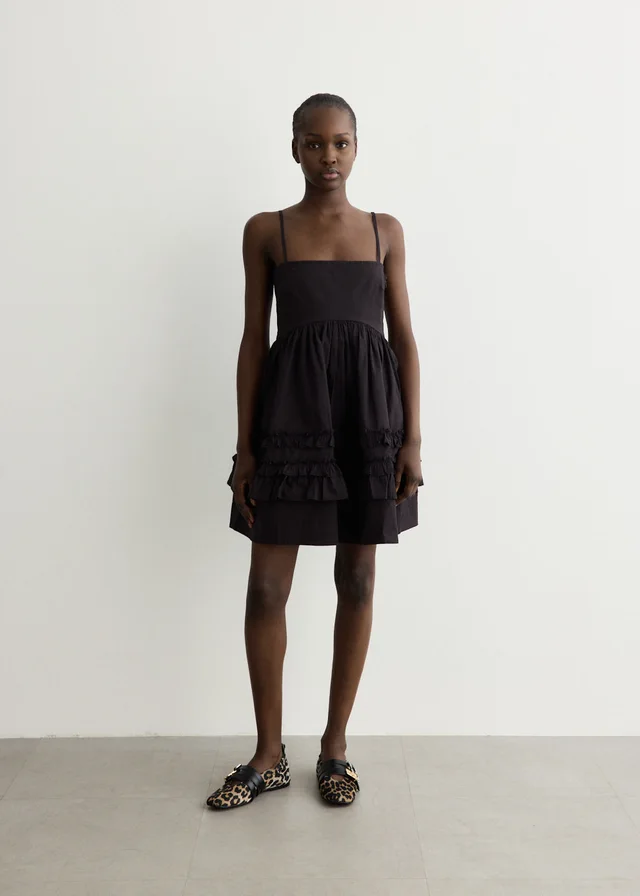Ganni Stretch Cotton Mini Strap Dress With Frills in Black from Incu, photo 1 of 1