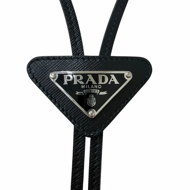 Prada Triangle Logo Plate Multik Loop Tie Bolo Tie Black in Black Saffiano leather from The Reluxe
