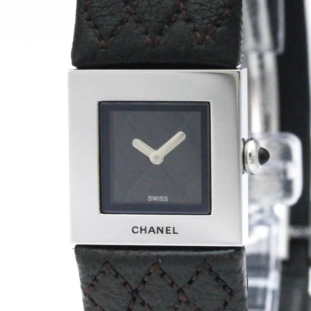Chanel Matelasse Steel Leather Quartz Ladies Watch H0116 Polished in Black Leather from Elady