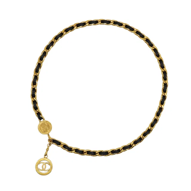 Chanel Vintage Chain Belt Cocomark Gold Black Leather Accessory in Black Leather from Luxury Promise