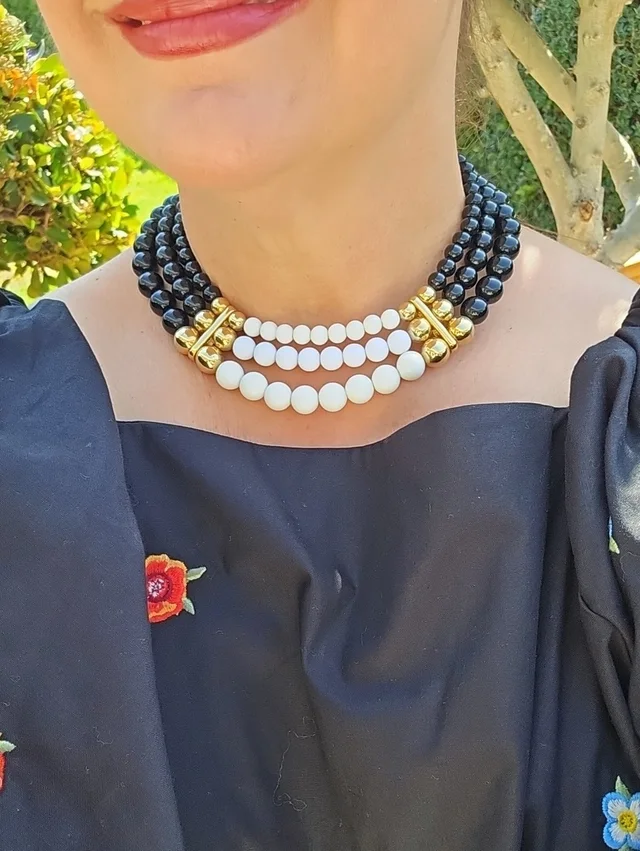 Givenchy And Gold Triple-Strand Beaded Necklace in black|white from Poshmark