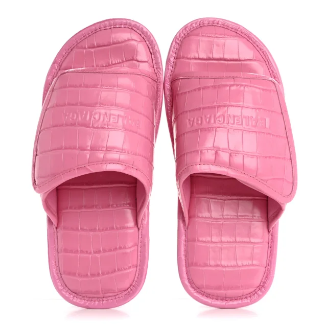 Balenciaga Logo Crocodile Embossed Slides 40 Fuxia in Calfskin from FASHIONPHILE, photo 2 of 10