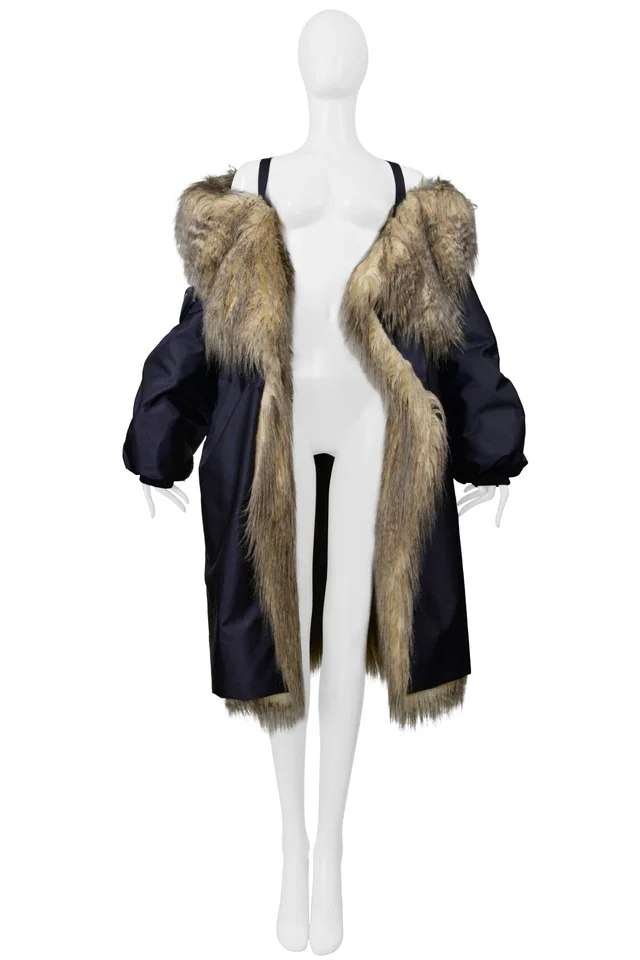 Prada By Raf Simons Blue Bomber Coat With Faux Fur And Hood 2021 in Blue Resin from Resurrection Vintage