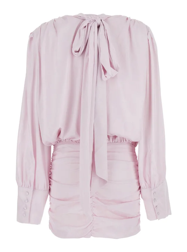 Rotate Dress with Deep V-Neck and Draped Design in Pink Silk for Women in Pink 100% Silk, photo 4 of 6 from Gaudenzi Boutique