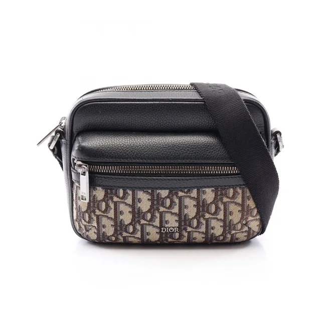 Dior Shoulder Bag Rider 2.0 Zip Mini Black Beige Leather Canvas Oblique in Black Canvas from The Reluxe