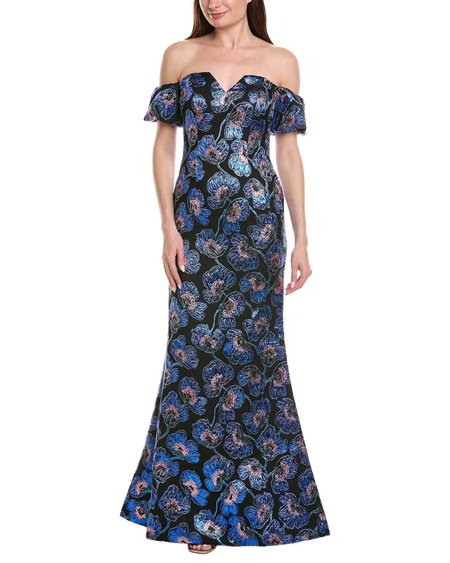Rene Ruiz Off-The-Shoulder Printed Mikado Column Gown, image 1 of 1 from Gilt
