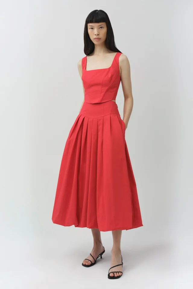 SIMKHAI Winsor Cotton Midi Skirt in Scarlet Cotton Poplin, photo 3 of 6 from SIMKHAI