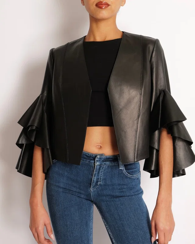 Alexander McQueen Black Leather Cropped Jacket with Ruffled Sleeves Size IT 40 (UK 8)RRP1800£ in Black Leather from Sellier