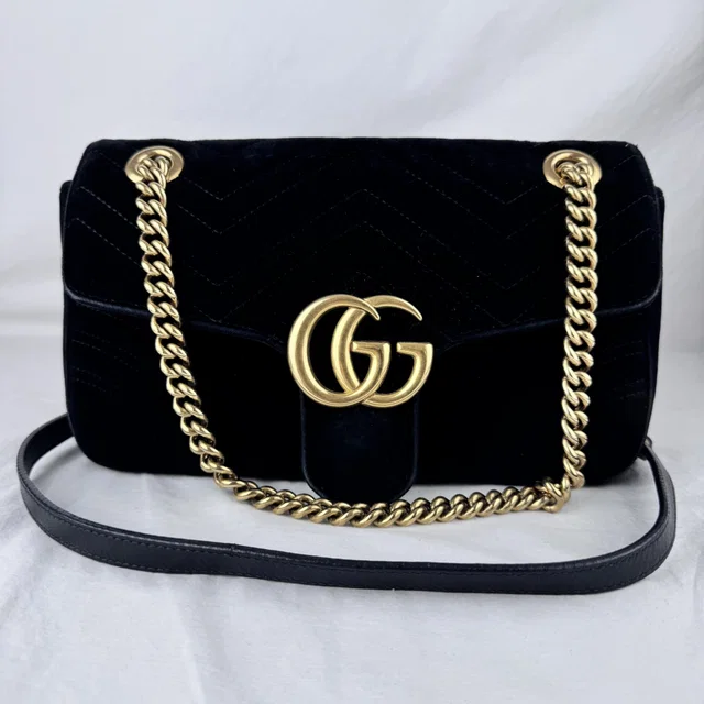 Gucci GG Velvet Marmont Small Black Shoulder Bag in Black Metal, Velvet from Reowned