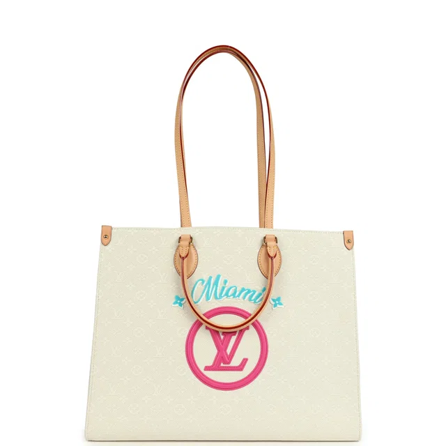 Louis Vuitton On The Go Miami GM Tote Light Beige Multi Jacquard Monogram Gold Hardware in Beige Coated canvas from Madison Avenue Couture