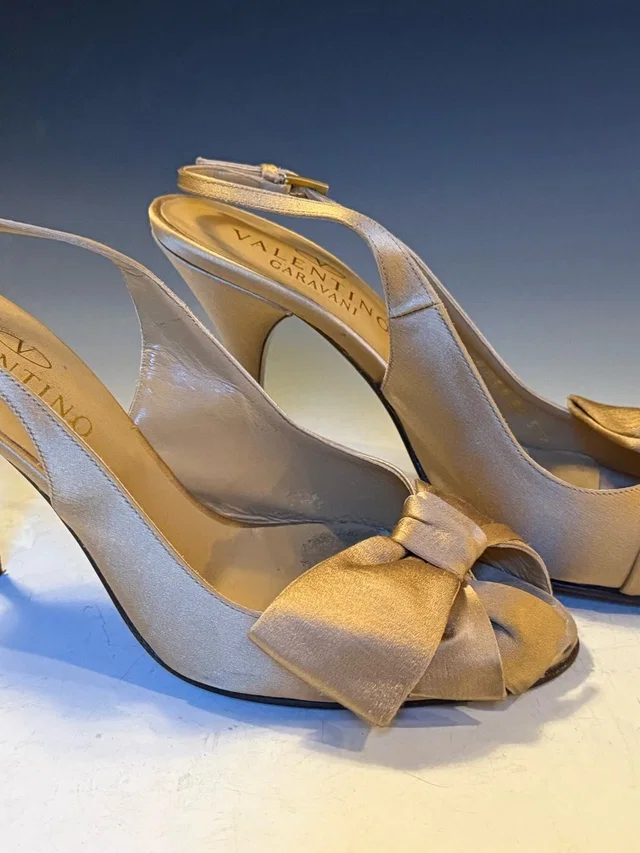 Valentino Garavani Satin Peep-Toe Slingback Heels In Champagne, Sz 7.5 in neutral|gold|brown Satin from Poshmark