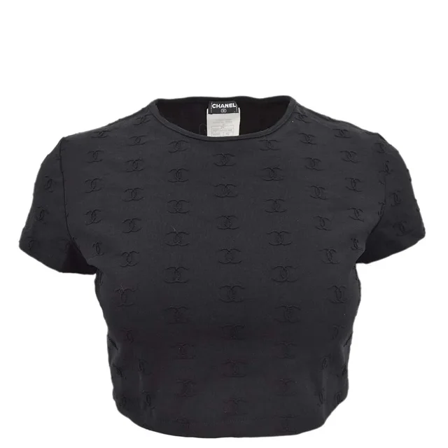 Chanel Spring 1997 CC Logo Embroidered Cropped T-shirt #42 in Nylon from AMORE Vintage Tokyo