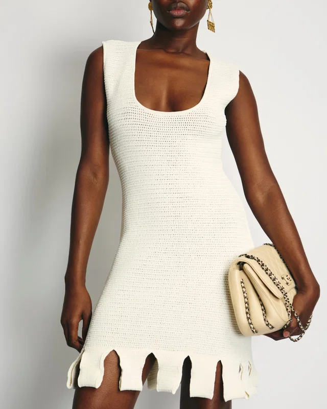 Bottega Veneta Cream Open-Knit Cotton Blend Mini Dress Size L (UK 14) in White from Sellier