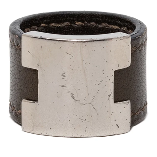 Brown Hermès Swift and Palladium Plated Lurie Ring in Brown Swift leather from Designer Revival