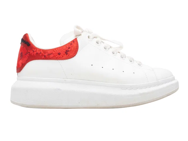 White & Red Alexander McQueen Embroidered Low-Top Sneakers Size 39.5 in White Leather from Designer Revival, photo 1 of 1