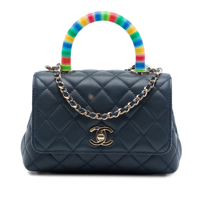 Blue Chanel Extra Mini Quilted Lambskin Rainbow Coco Top Handle Bag Satchel in Blue Lambskin from Designer Revival