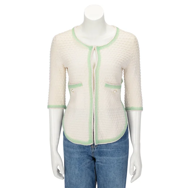 Chanel Scale-Knit Tie Cardigan FR 34 in Cream Cashmere from Blue Spinach