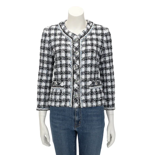 Chanel Check Tweed Braided Trim Jacket FR 40 in Blue Tweed from Blue Spinach