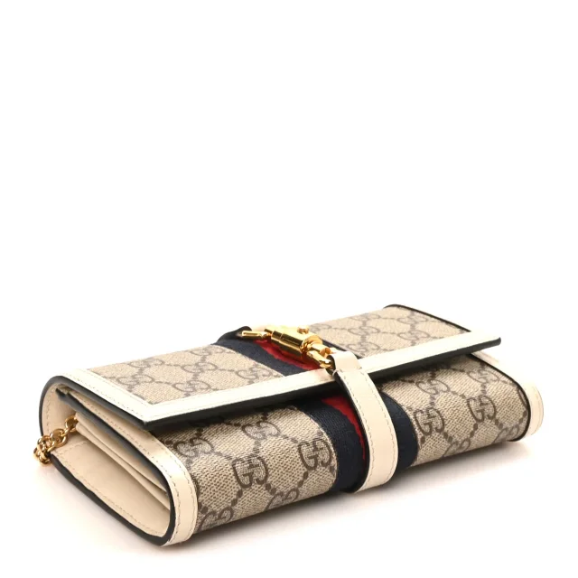 Gucci GG Supreme Monogram Textured Calfskin Web Jackie 1961 Chain Wallet Beige Ebony Mystic White in White Calfskin from FASHIONPHILE, photo 4 of 12