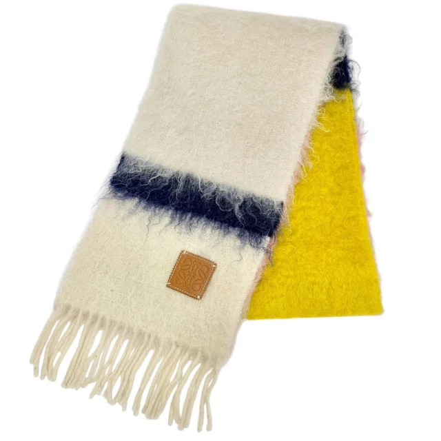 Loewe Wool Mohair Anagram Leather Patch Border Fringe Long Scarf Ivory in White Wool from The Reluxe