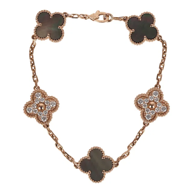 Van Cleef & Arpels Vintage Alhambra 5 Motif Bracelet Grey Mother of Pearl Diamonds & 18K Rose Gold in Pink from Madison Avenue Couture