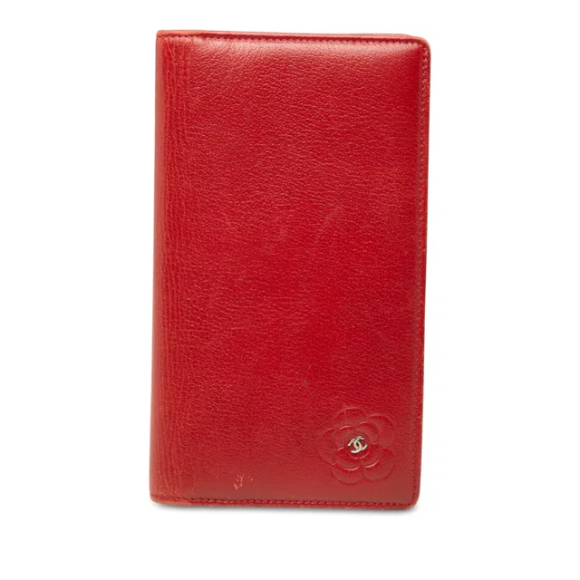 Red Chanel CC Camellia Embossed Leather Long Wallet in Red Leather from Designer Revival