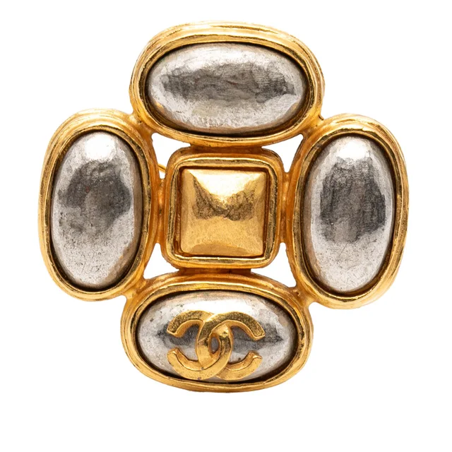 Gold Chanel CC Gold Plated Gripoix Clover Brooch in Gold from Designer Revival