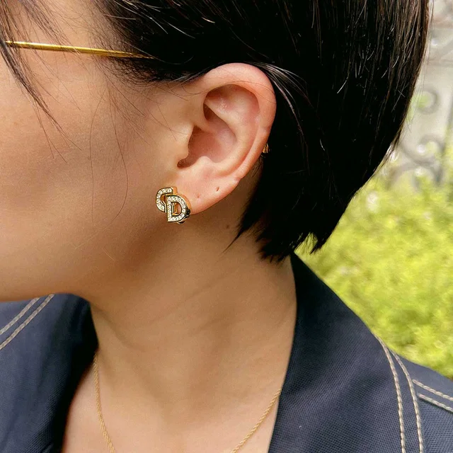 Dior Rhinestone Logo Earrings, Gold in Gold from VINTAGE QOO TOKYO