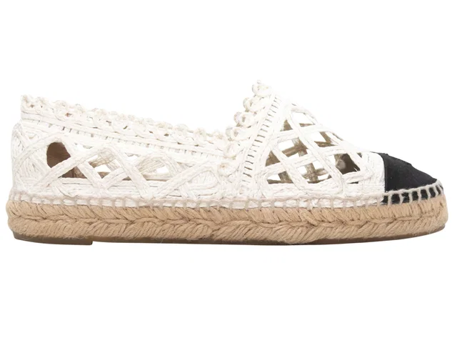 White & Black Chanel Woven Cap-Toe Espadrille Flats Size 38 in Black Woven leather from Designer Revival